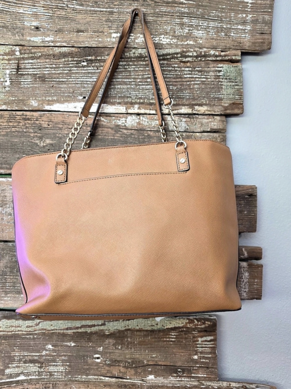 Michael Kors Tan Saffiano Leather Large Tote Shoulder Bag Gold Chain Straps